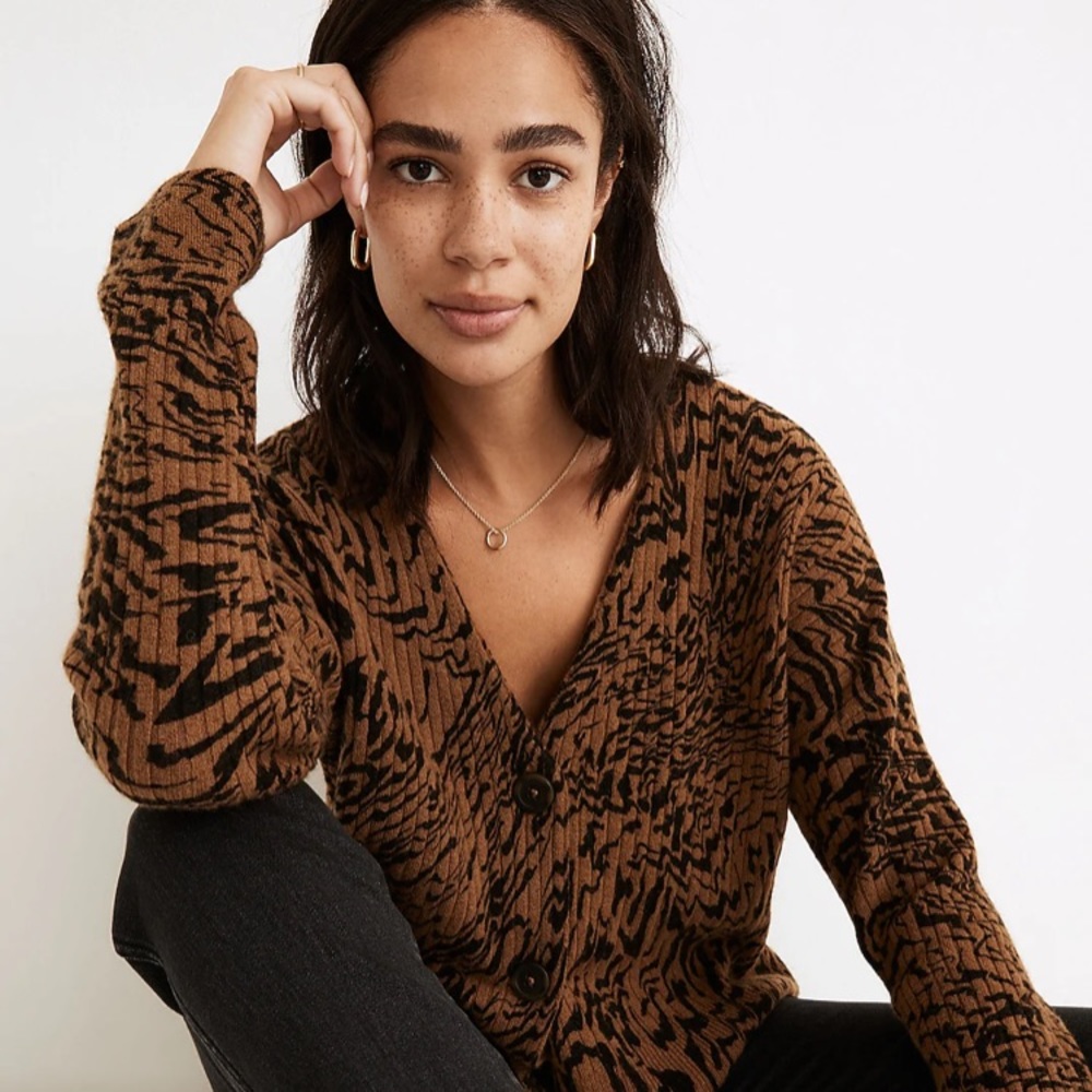 Madewell Tigerized Cameron Ribbed Cardigan Sweater in Coziest Yarn XS